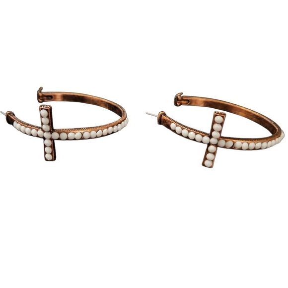 Rose Gold White Beaded Cross Hoop Earrings - Picture 1 of 5